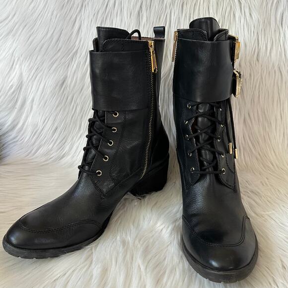 Donald Pliner Danti Combat Boots Leather Lace Up Buckle Zip Block Heeled, Black - Picture 4 of 11